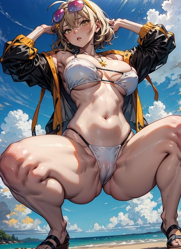 masterpiece, anime_style, Anime-like colors, 1girl,16 tears old, nikke,anis, white bikini, ash_blonde, golden_eyes, yellow jacket, sunglasses on head. (big_breast:0.9), wide_hips, short height, beach, squat, spread_leg, carbonated water bottle, star necklace, short height, troubled face, from below