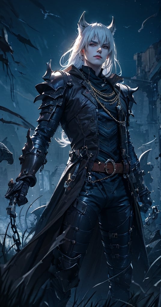 Masterpiece, high quality, 8K, 1man, handsome, tall, leather_coat, leather pants, brass jewelry, skull jewelry, chain, belt, wrist brace, armor, red_point, pale face, Fierce eyes, very long silver hair, night, dark, sulky, spooky, wind, cool pose, latent power, dynamic, bangs, wolf