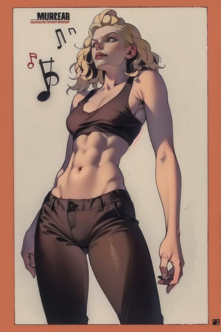 woman, ((wavy_blonde)), tank_top, short_pants, air jordan 1, cartoon, (Musical notes), skinny body, doberman, 1 page manga, (from_below:1.3)