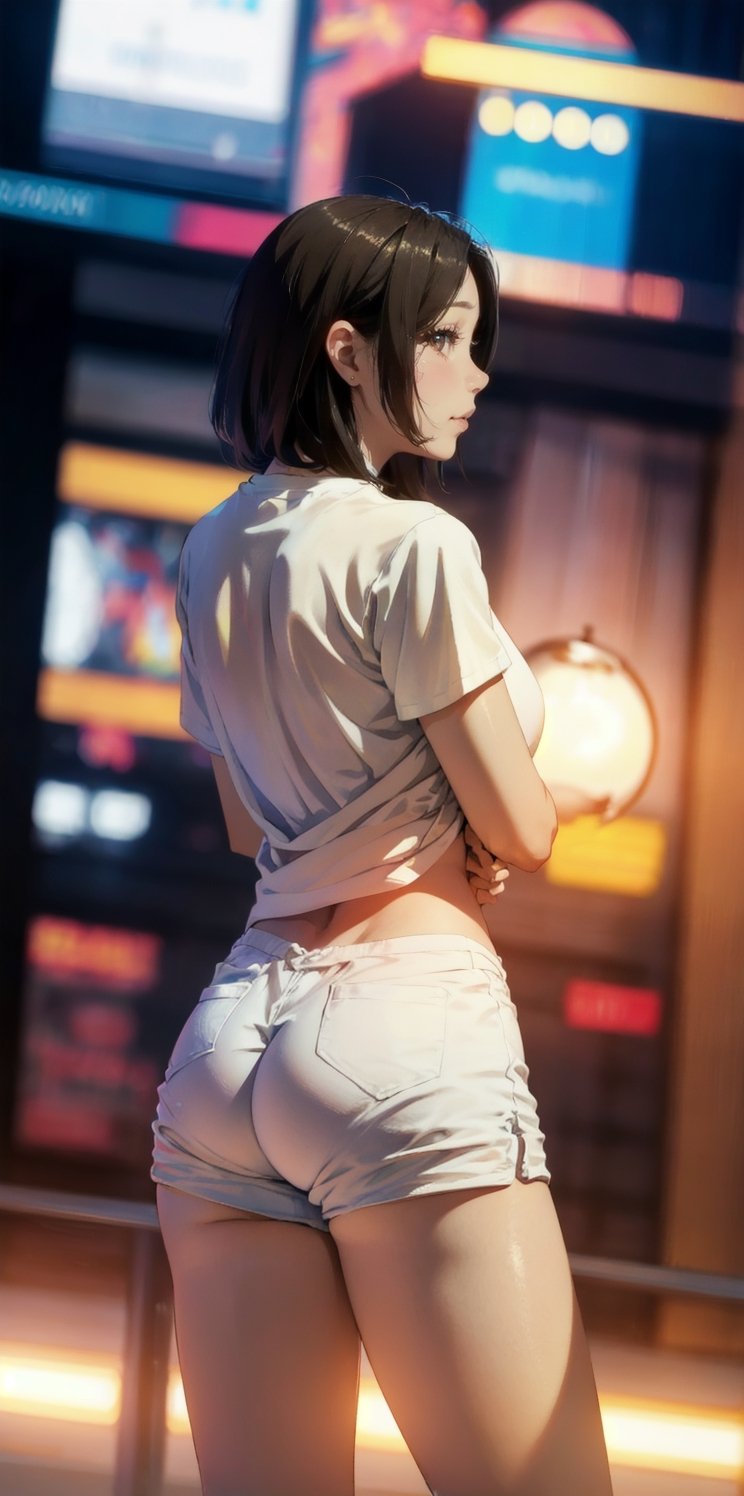 masterpiece, photographic, super realistic, masterpiece, 4K, HDR,  1_korean_girl, natural_skin, (((full_body))), natural_lighting, blank_background, white_T_shirts, hotpants,blurry_light_background,hourglass body shape, wide_hip, tzuyulorashy, from_behind