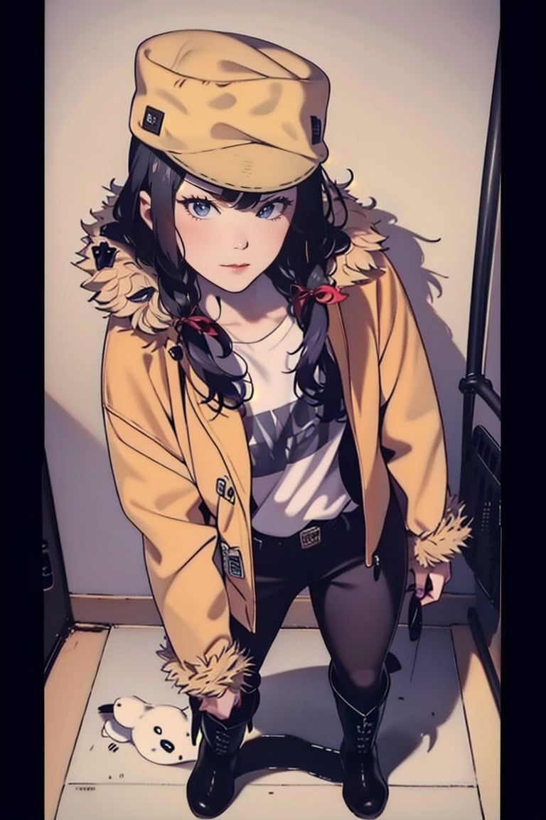 ((1man)), 1 page manga, cowgirl, black_hair, hot_pants, kneeboots, hat, jacket, fur