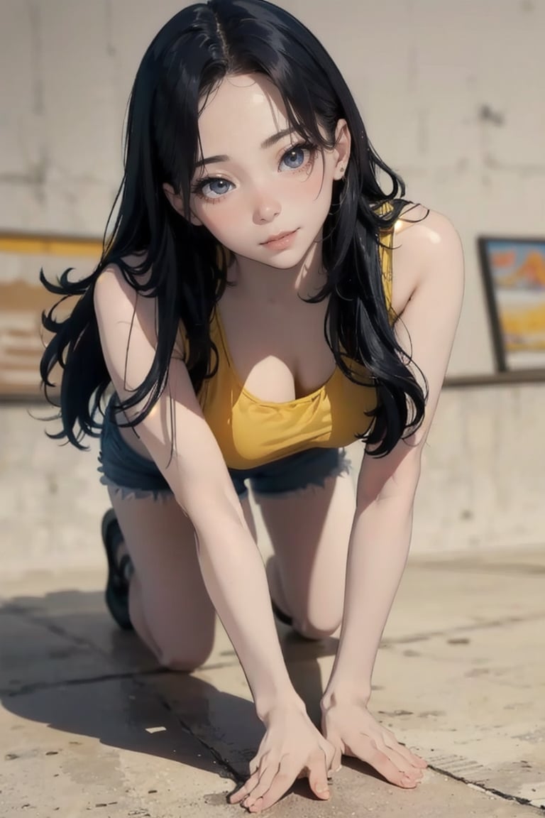 masterpiece, photographic, super realistic, masterpiece, 4K, HDR,  1_korean_girl, natural_skin, (((full_body))), natural_lighting, blank_background, tanktop, long_hair,  hotpants,blurry_light_background, medium_breasts, shaggy_breasts, wide_hip, karinalorashy, nice_legs_line, on_all_fours, facing_viewer, from_above