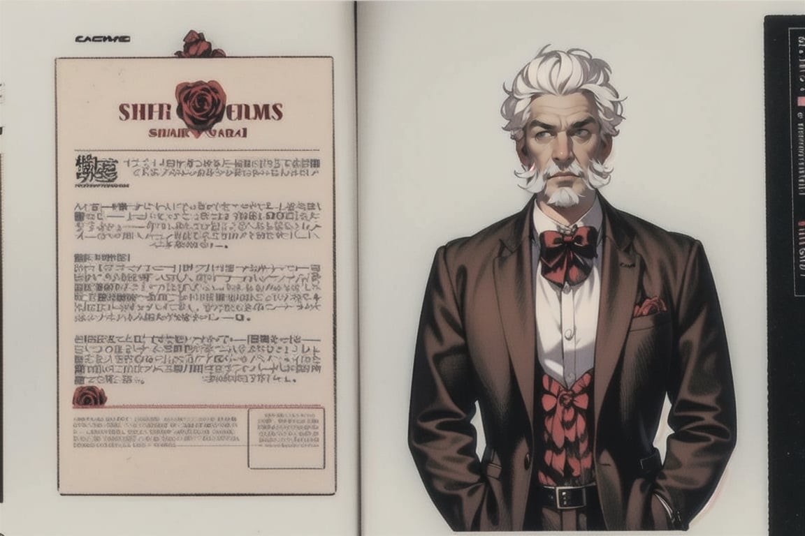 (old man), gang, mafia, soft hat, suit, belt, ((white_hair)), (slicked_back_hair), (short_beard), cartoon, skinny body, (1 page manga), (roses), (bow_tie)