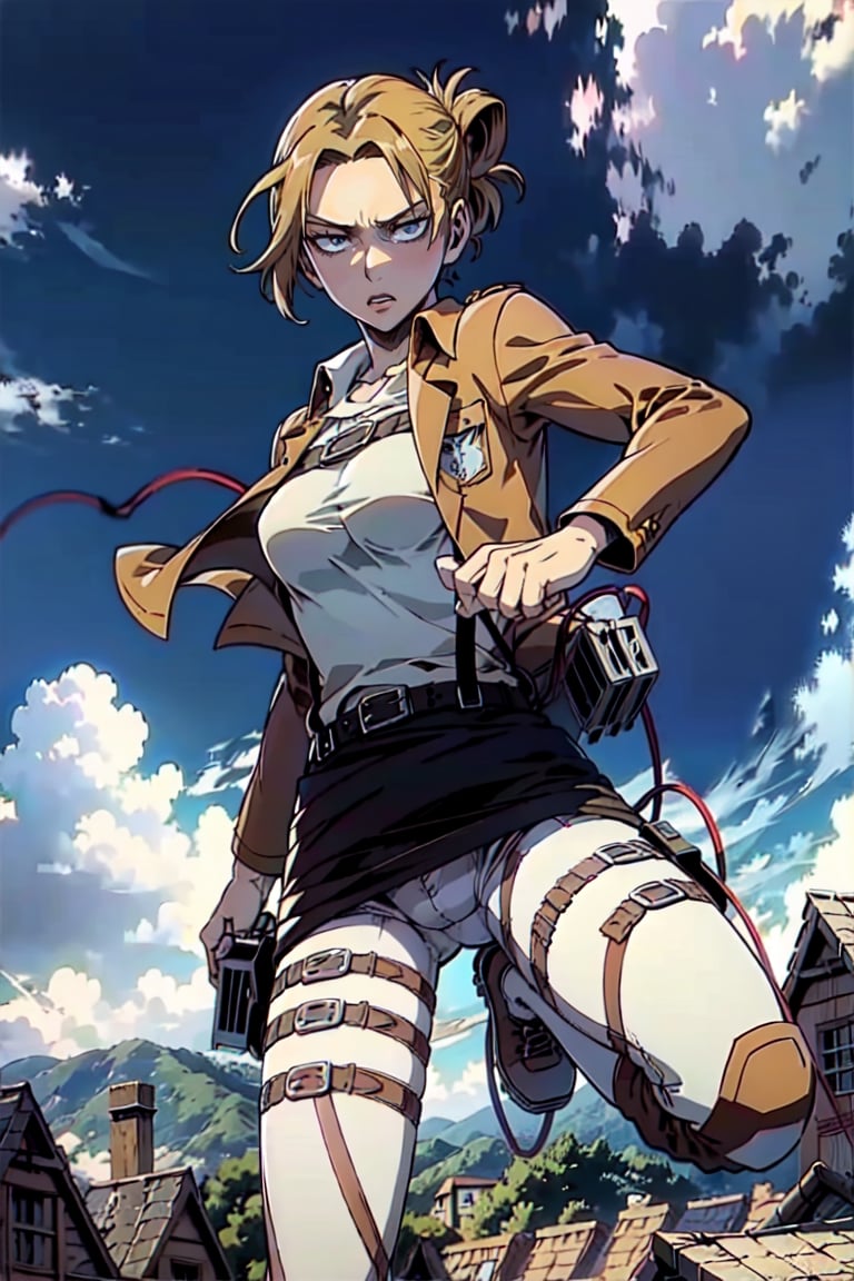 masterpiece, best quality, highres, 1girl. blonde, manga,annie_leonhardt, survey military uniform, jacket, white_pants, AttackonTitan, Three Dimensional Maneuver Gear, jumping, flying, dynamic, fighting, battle_stance, rolling, titan,leviackerman, gust of wind, wind, air, air current, Sonic Boom, acrobatics, wire, belt, case, fan, hook, long_blades, lever, trigger,realhands,house, residential area, (leg_raised:1),1 page manga,manga