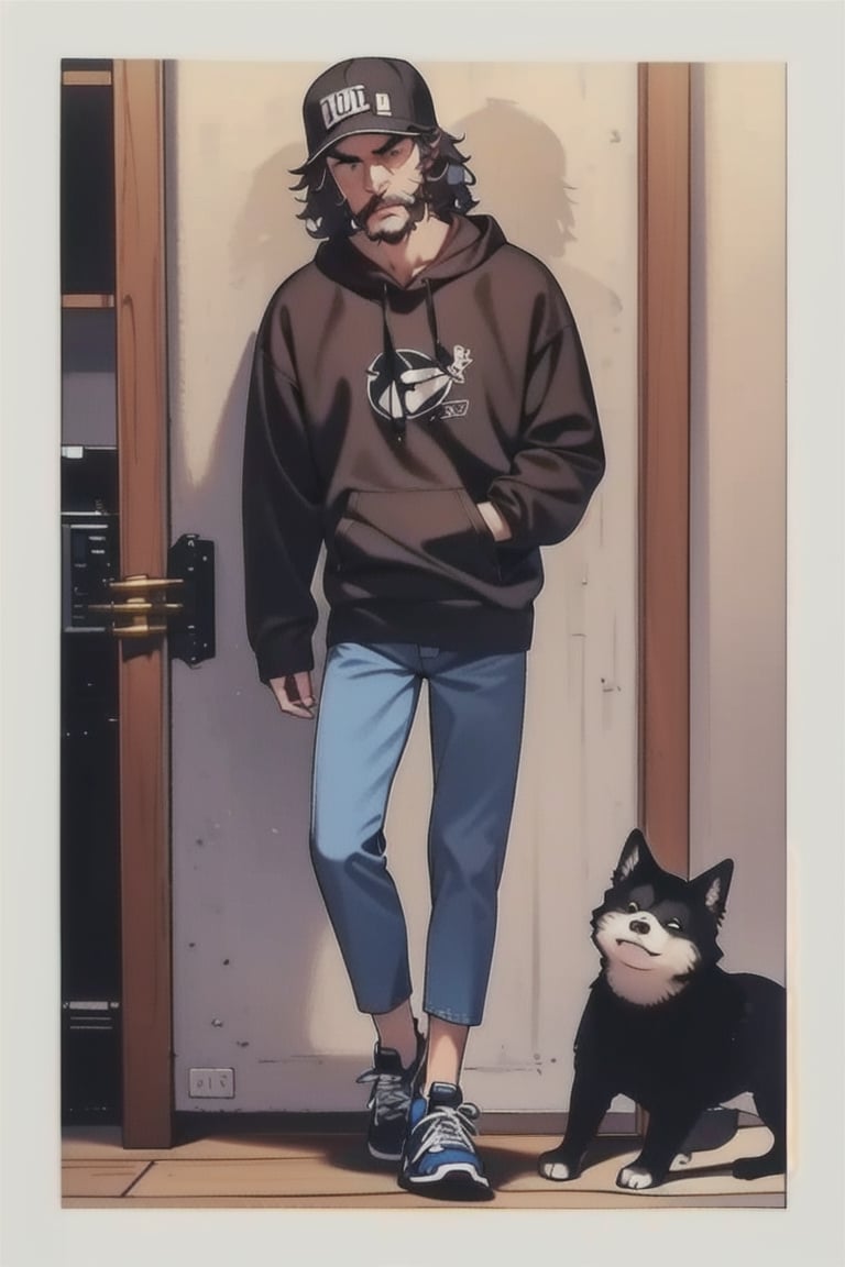 ((1man)), snapback, sunglasses, ((black_short_hair)), (short_beard), black_hoodie, denim_pants, air_jordan_1_high, cartoon, (Musical notes), skinny body, (small_Shiba_Inu), ((rolex)),1 page manga