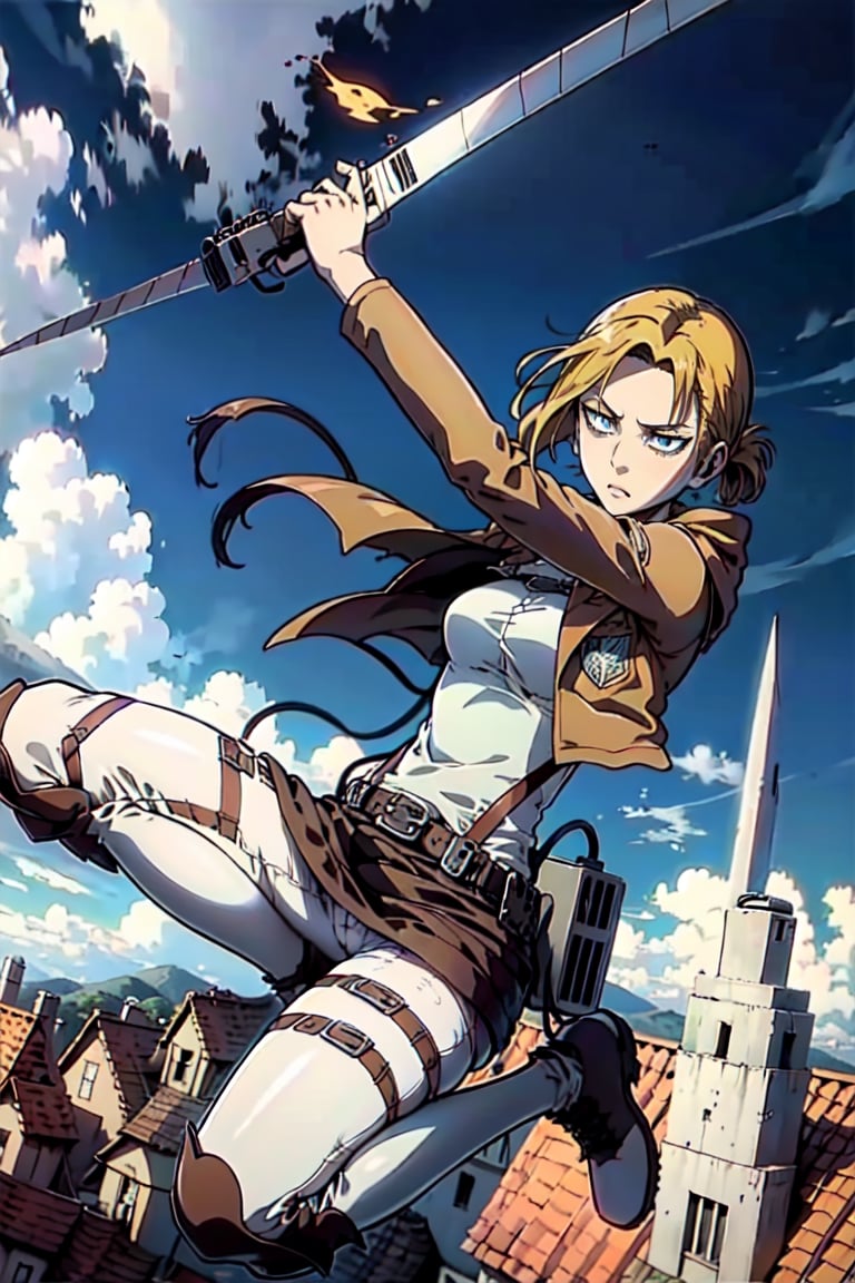 masterpiece, best quality, highres, 1girl. blonde, manga,annie_leonhardt, survey military uniform, jacket, white_pants, AttackonTitan, Three Dimensional Maneuver Gear, jumping, flying, dynamic, fighting, battle_stance, rolling, titan,leviackerman, gust of wind, wind, air, air current, Sonic Boom, acrobatics, wire, belt, case, fan, hook, long_blades, lever, trigger,realhands,house, residential area, (leg_raised:1),1 page manga,manga