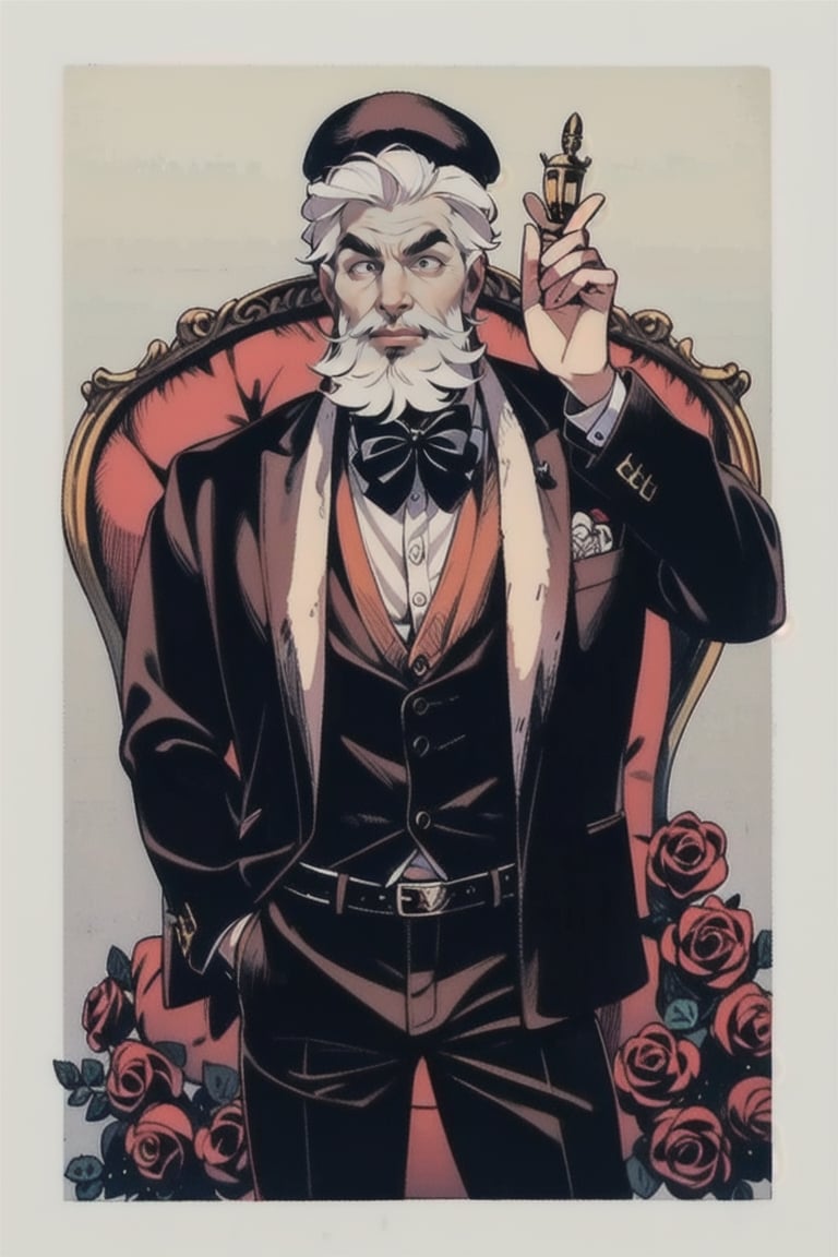 (old man), gang, mafia, soft hat, suit, belt, ((white_hair)), (slicked_back_hair), (short_beard), cartoon, skinny body, (1 page manga), (roses), (bow_tie)