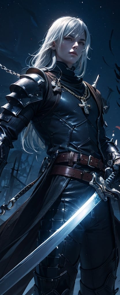 Masterpiece, high quality, 8K, 1man, handsome, tall, leather_coat, leather pants, brass jewelry, skull jewelry, chain, belt, wrist brace, armor, red_point, (((holy sword))), pale face, Fierce eyes, very long silver hair, night, dark, sulky, spooky, wind, cool pose, latent power, dynamic, bangs, ((holding a sword in his hand))