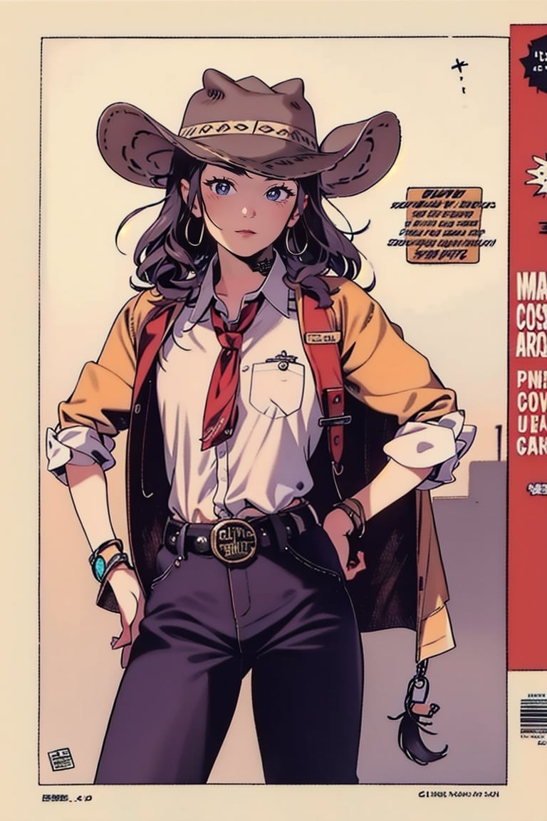 ((1man)), 1 page manga,cowgirl, western cowboy style, cowboy_hat, belt_buckle