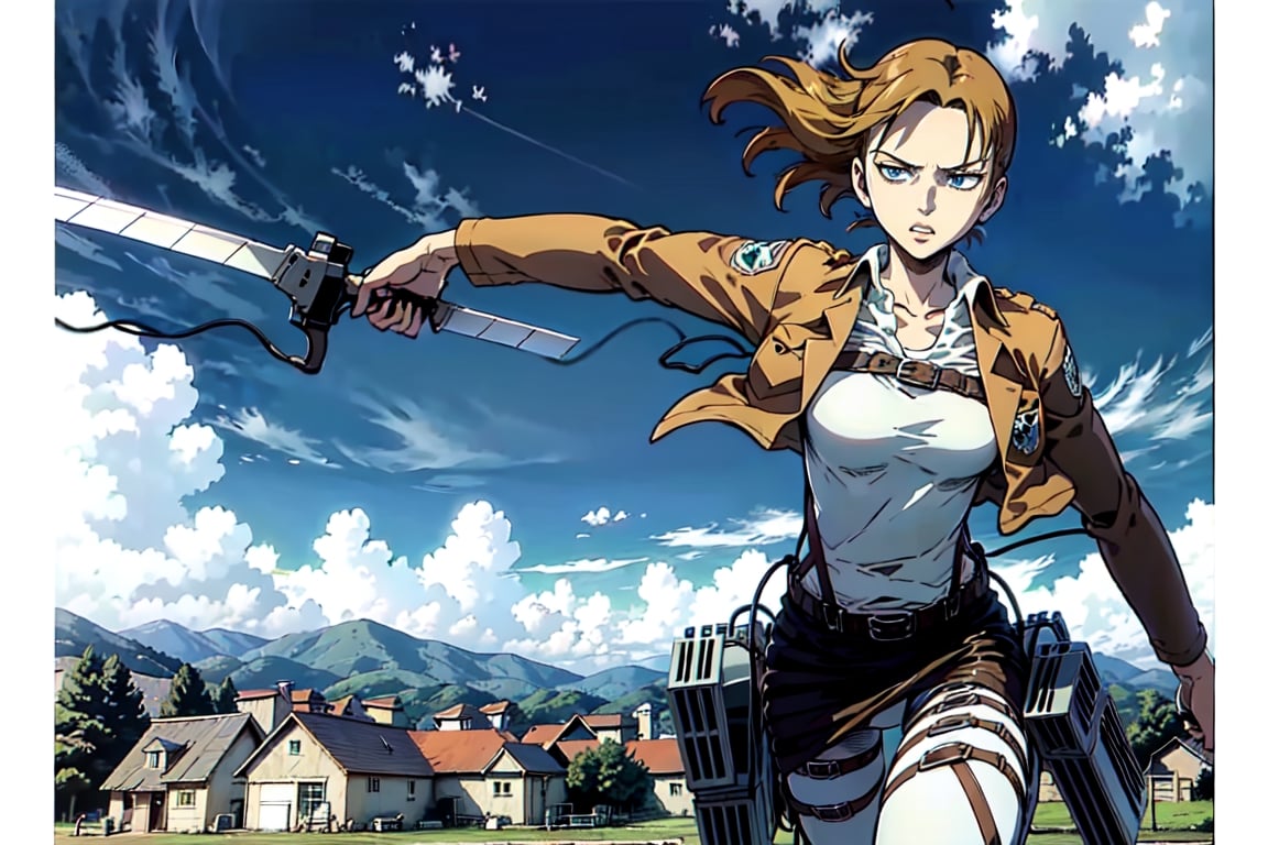 masterpiece, best quality, highres, 1girl. blonde, manga,annie_leonhardt, survey military uniform, jacket, white_pants, AttackonTitan, Three Dimensional Maneuver Gear, jumping, flying, dynamic, fighting, battle_stance, rolling, titan,leviackerman, gust of wind, wind, air, air current, Sonic Boom, acrobatics, wire, belt, case, fan, hook, long_blades, lever, trigger,realhands,house, residential area, (leg_raised:1),1 page manga,manga