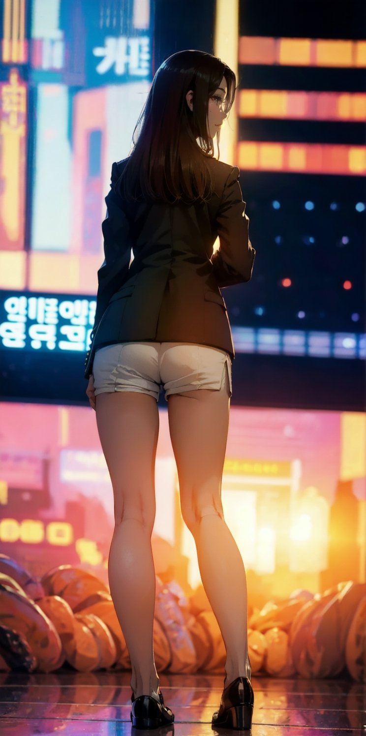 masterpiece, photographic, super realistic, masterpiece, 4K, HDR,  1_korean_girl, natural_skin, (((full_body))), natural_lighting, blank_background, blazer, long_hair, hotpants,blurry_light_background,hourglass body shape, wide_hip, tzuyulorashy, from_behind