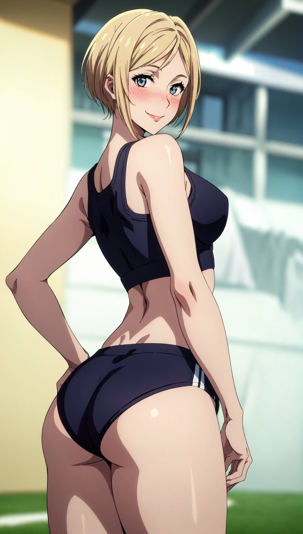 (masterpiece:1.2, best quality), (real picture, intricate details), 1girl, ass, back, blurry, blurry background, blush, cowboy shot, crop top, looking back, looking at viewer, smile, solo, sportswear, ,nier anime style