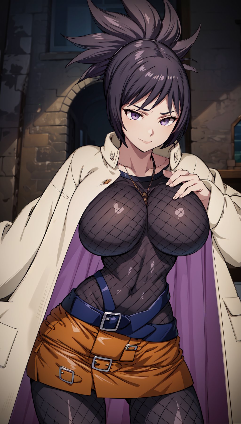 1girl, {best quality}, {{masterpiece}}, {highres}, original, extremely detailed 8K wallpaper, {an extremely delicate and beautiful},beautiful face, complex_background, best quality, expressive eyes, purple eyes, perfect face, ankomitarashi, ((fishnet)), coat, (orange microskirt), , {{perfect round breasts}}, ((wide wips)), sensual pose, sensual smile, {{pervert eyes, perfect face}}, ((ultra wide angle)), mid body shot, mitarashi anko