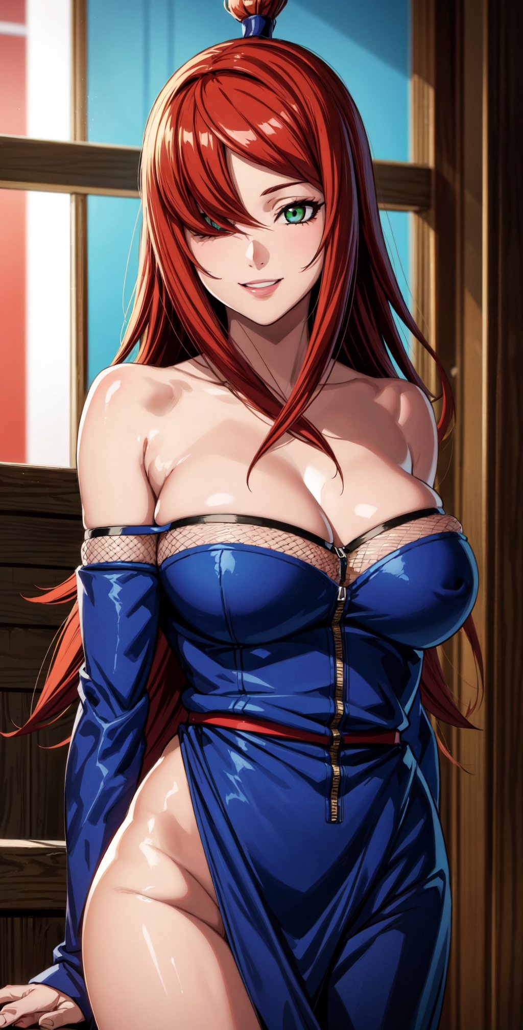 mei terumi from the anime naruto, (naruto shippuden) Mizukage, green eyes, ((hair over one eye)), long hair, looking sexy, ((pervert smile)), ((large breasts)), ((breasts exposed)), pink nipples, blue dress, cleavage, shinobi, bright vivid blue dress, ninja dress, long red brown hair, showing skin, 30 years old, middle aged looking woman, mature looking woman, mistress, seductive, sexy mature, medium bodyshot, ((ultra wide angle)),nar_terumi_mei