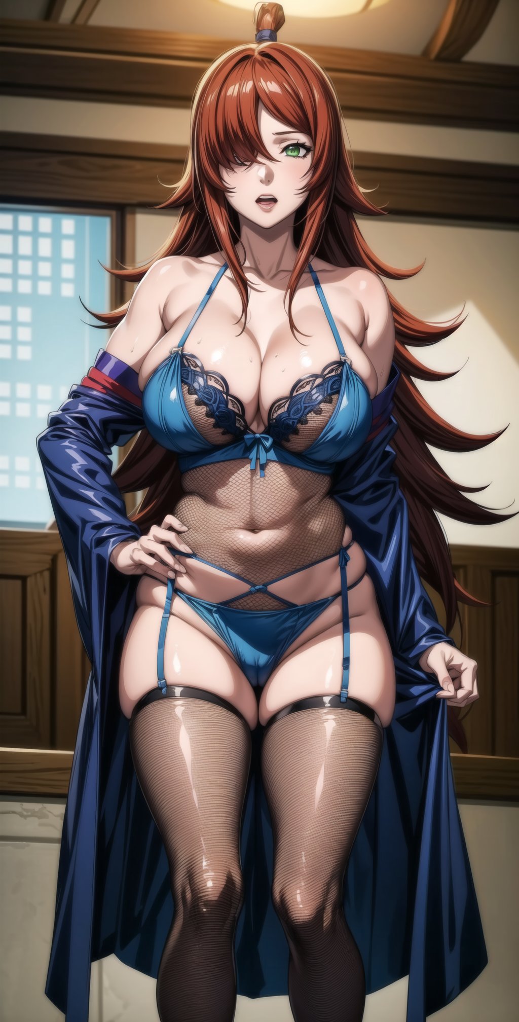 mei terumi from the anime naruto, (naruto shippuden) Mizukage, green eyes, ((hair over one eye)), long hair, looking sexy, ((moaning)), ((large breasts)), ((breasts exposed)),((sexy blue lingerie)), fishnets, intricate details, cleavage, shinobi, long red brown hair, showing skin, 30 years old, middle aged looking woman, mature looking woman, mistress, seductive, sexy mature, full bodyshot, ((ultra wide angle)),nar_terumi_mei