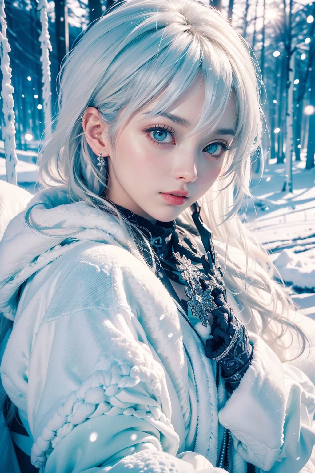 Illustrate a girl with the power of ice, featuring ice-white hair and clothing, set in a snowy landscape. Emphasize (((intricate details))), (((highest quality))), (((extreme detail quality))), and a (((captivating winter composition))). Use a palette of cool blues and whites, drawing inspiration from artists like Artgerm, Sakimichan, and Stanley Lau.,midjourney