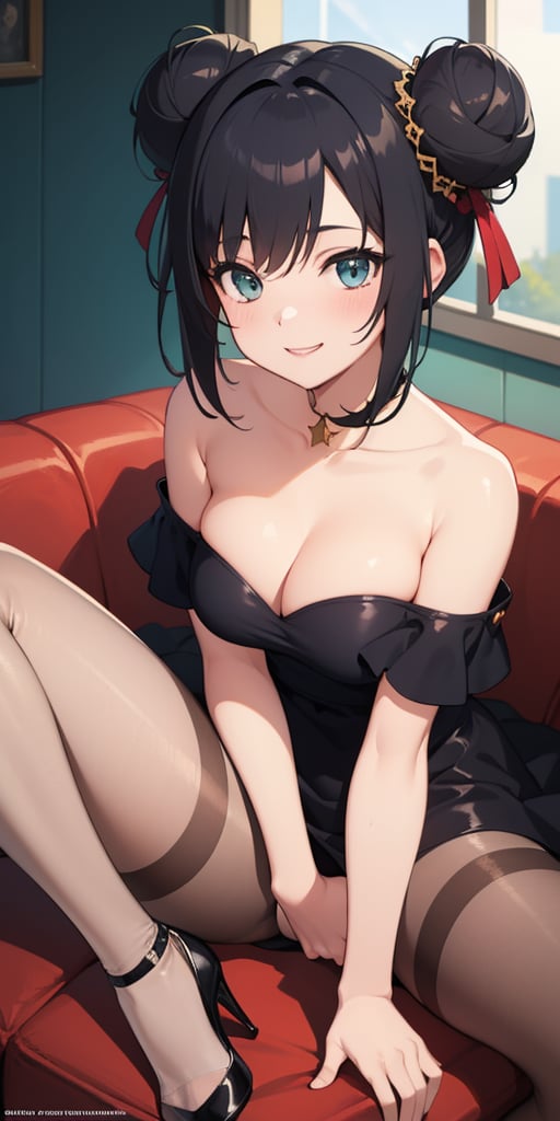 Beautiful detail background, (8K picture quality), (Ultra High Definition: 1.2), masterpiece, top quality, high resolution, illustration, Makoto Shinkai style, your name is movie style, (1 female: 1.3), (solo: 1.4), bangless hair, double bun top knot, off shoulder, sitting, beautiful sparkling eyes, hairpin, hairpiece, cleavage, large side boob, short bob, red face, happy, smiling, black_pantyhose, high heels, princess dress, (legs open on red couch: 1.2), touching breasts, touching crotch, (damp crotch: 1.4), front, top, overhead shot, face close-up shots, reaching out, subject depth,