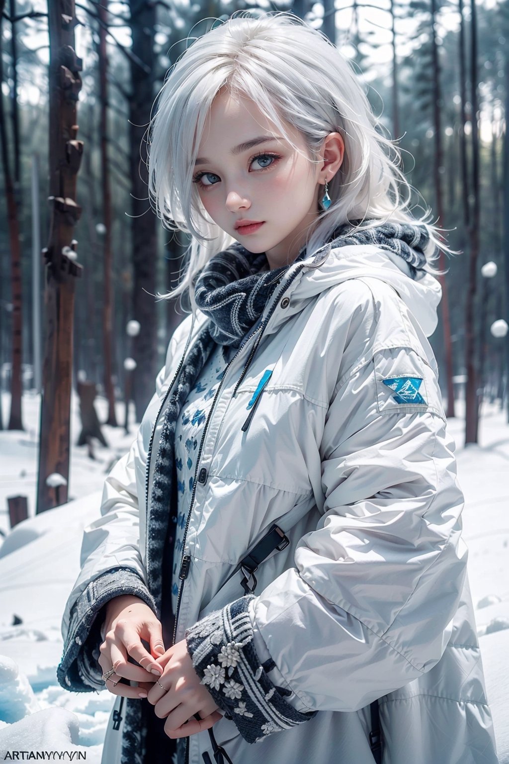 Illustrate a girl with the power of ice, featuring ice-white hair and clothing, set in a snowy landscape. Emphasize (((intricate details))), (((highest quality))), (((extreme detail quality))), and a (((captivating winter composition))). Use a palette of cool blues and whites, drawing inspiration from artists like Artgerm, Sakimichan, and Stanley Lau.,midjourney