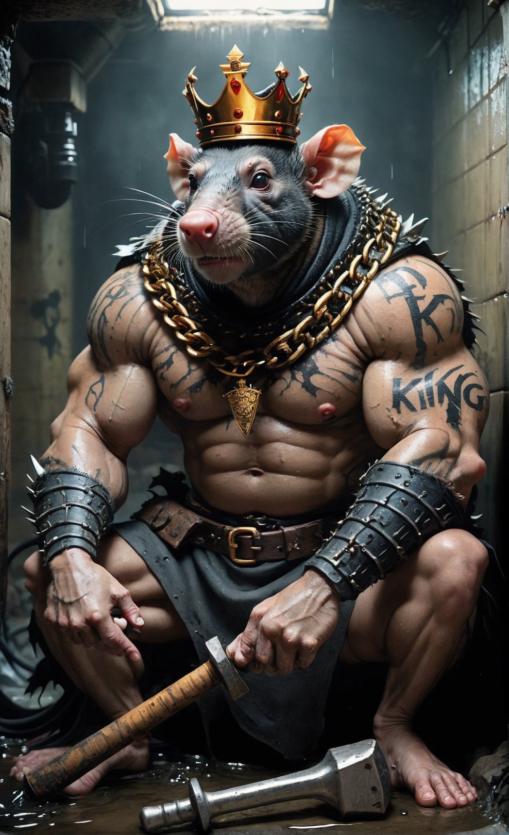 digital art 8k,  a ripped,  muscluar,  humanoid rat sitting on a toilet in a dark damp sewer,  wearing a crown, the rat king is weilding a large sledge hammer over its shoulder. The rat king should have scars, wounds from battle, war tattoos, gold chains around his neck. The rat king should have "kingrat_" text logo tattooed on his arm. "2024" text logo should be tattooed on his other arm.

The rat king should look aggressive and defiant.,band_bodysuit,Movie Still,Text