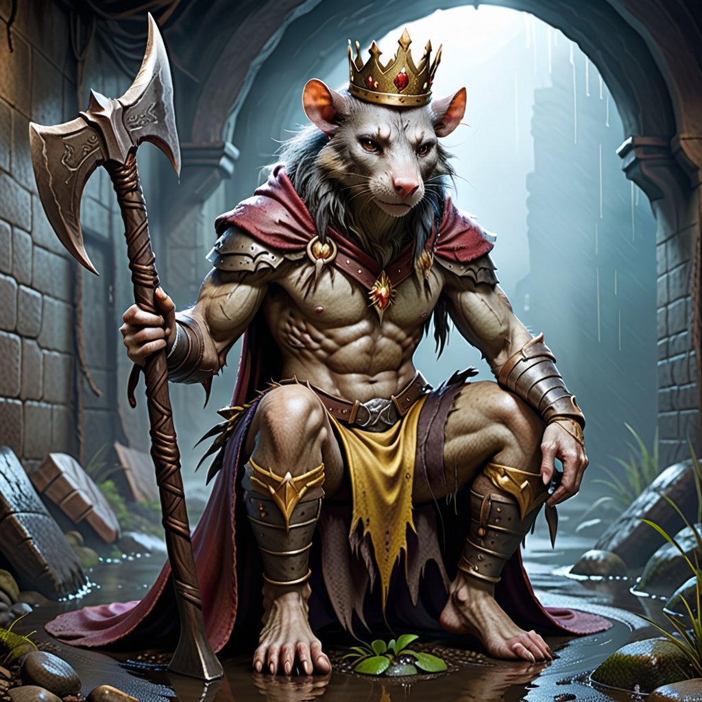 Please create a painted digital image of an anthropomorphic kat kig, in a realistic style.

digital art 8k,  a ripped,  muscluar,  humanoid rat sitting on a toilet in a dark damp sewer,  wearing a crown,  holding a large axe over its shoulder 

The rat king should look aggressive and defiant.

,LegendDarkFantasy