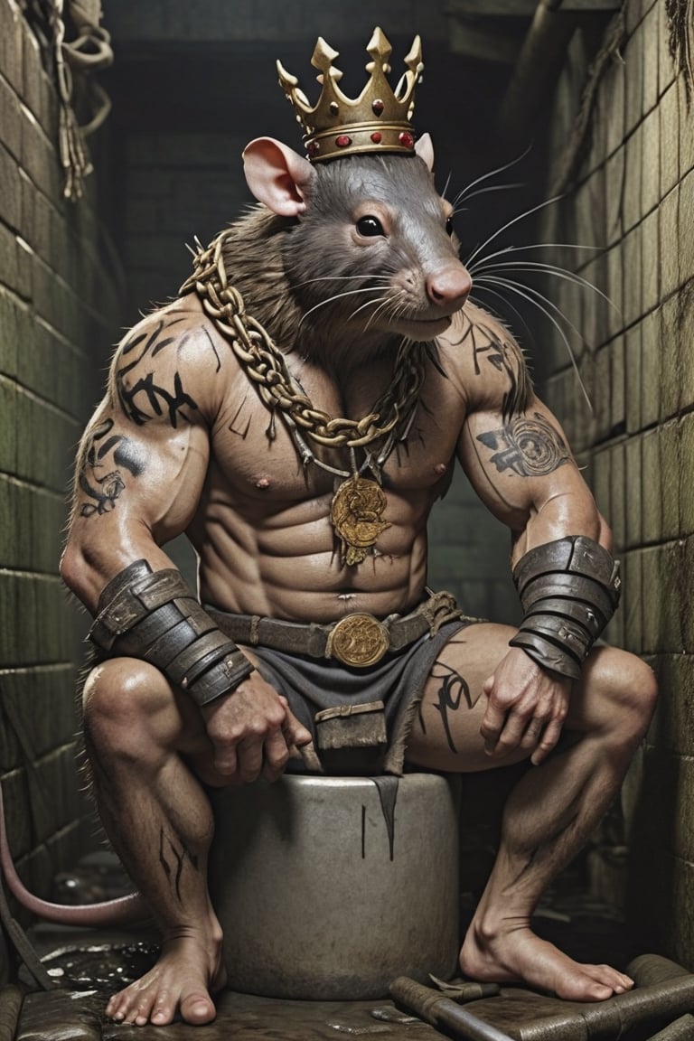 digital art 8k,  a ripped,  muscluar,  humanoid rat sitting on a toilet in a dark damp sewer,  wearing a crown, the rat king is weilding a large sledge hammer over its shoulder. The rat king should have scars, wounds from battle, war tattoos, gold chains around his neck. The rat king should have "kingrat_" text logo tattooed on his arm. "2024" text logo should be tattooed on his other arm.

The rat king should look aggressive and defiant.,band_bodysuit,Movie Still,Text,newhorrorfantasy_style,Ukiyo-e