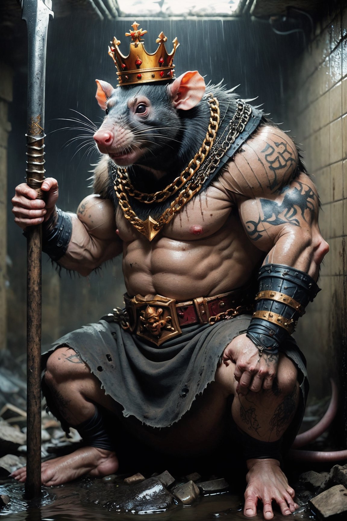 digital art 8k,  a ripped,  muscluar,  humanoid rat sitting on a toilet in a dark damp sewer,  wearing a crown, the rat king is weilding a large sledge hammer over its shoulder. The rat king should have scars, wounds from battle, war tattoos, gold chains around his neck. The rat king should have "kingrat_" text logo tattooed on his arm. "2024" text logo should be tattooed on his other arm.

The rat king should look aggressive and defiant.,band_bodysuit,Movie Still,Text