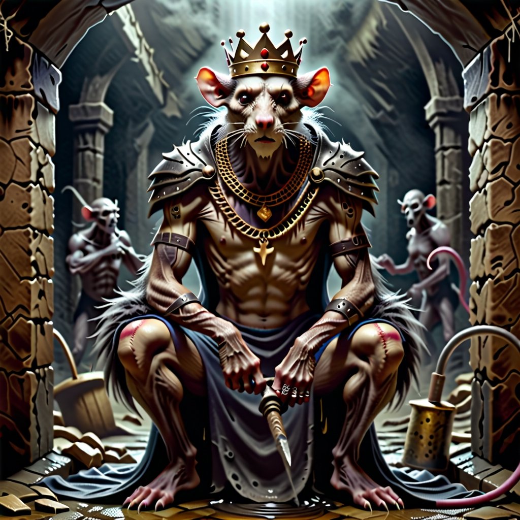 Please create a painted digital image of an anthropomorphic kat kig, in a realistic style.

digital art 8k,  a ripped,  muscluar,  humanoid rat sitting on a toilet in a dark damp sewer,  wearing a crown, the rat king is weilding a large sledge hammer over its shoulder. The rat king should have scars, wounds from battle, war tattoos, gold chains around his neck

The rat king should look aggressive and defiant.

,LegendDarkFantasy,Movie Still,text logo,HellAI,Stylish,darkart