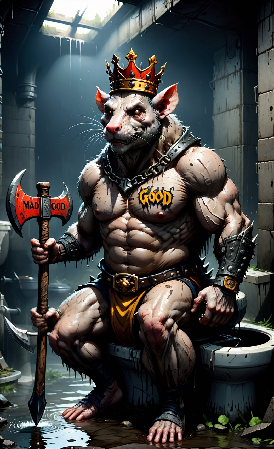 digital art 8k, a ripped, muscluar, humanoid rat sitting on a toilet in a dark damp sewer, wearing a crown, holding a large axe over its shoulder,madgod,text logo