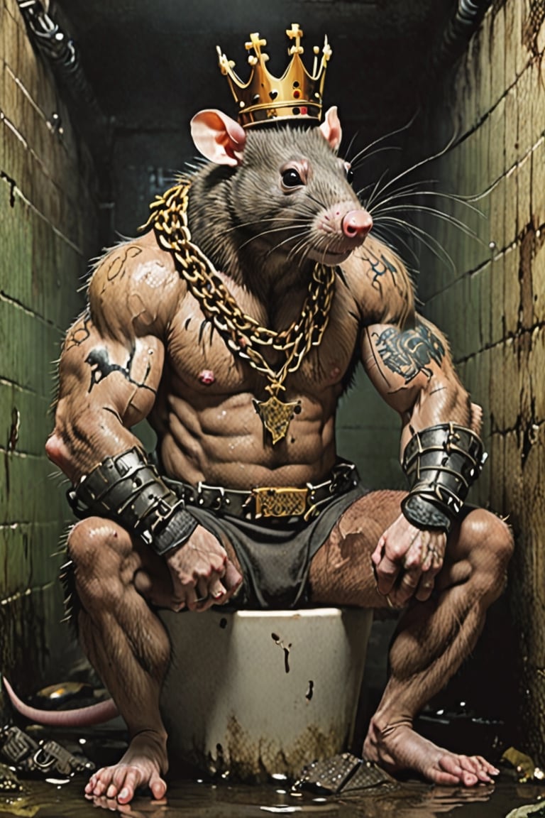 digital art 8k,  a ripped,  muscluar,  humanoid rat sitting on a toilet in a dark damp sewer,  wearing a crown, the rat king is weilding a large sledge hammer over its shoulder. The rat king should have scars, wounds from battle, war tattoos, gold chains around his neck. The rat king should have "kingrat_" text logo tattooed on his arm. "2024" text logo should be tattooed on his other arm.

The rat king should look aggressive and defiant.,band_bodysuit,Movie Still,Text,newhorrorfantasy_style,Ukiyo-e