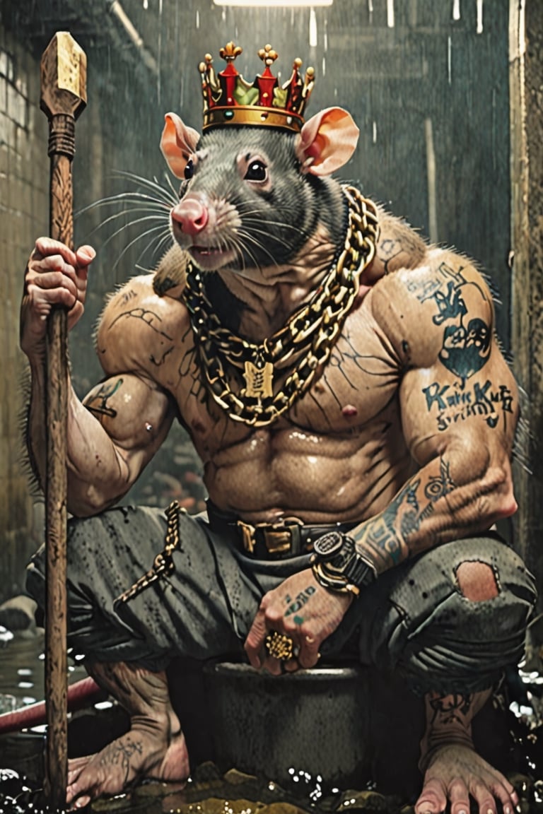 digital art 8k,  a ripped,  muscluar,  humanoid rat sitting on a toilet in a dark damp sewer,  wearing a crown, the rat king is weilding a large sledge hammer over its shoulder. The rat king should have scars, wounds from battle, war tattoos, gold chains around his neck. The rat king should have "kingrat_" text logo tattooed on his arm. "2024" text logo should be tattooed on his other arm.

The rat king should look aggressive and defiant.,band_bodysuit,Movie Still,Text,newhorrorfantasy_style,Ukiyo-e