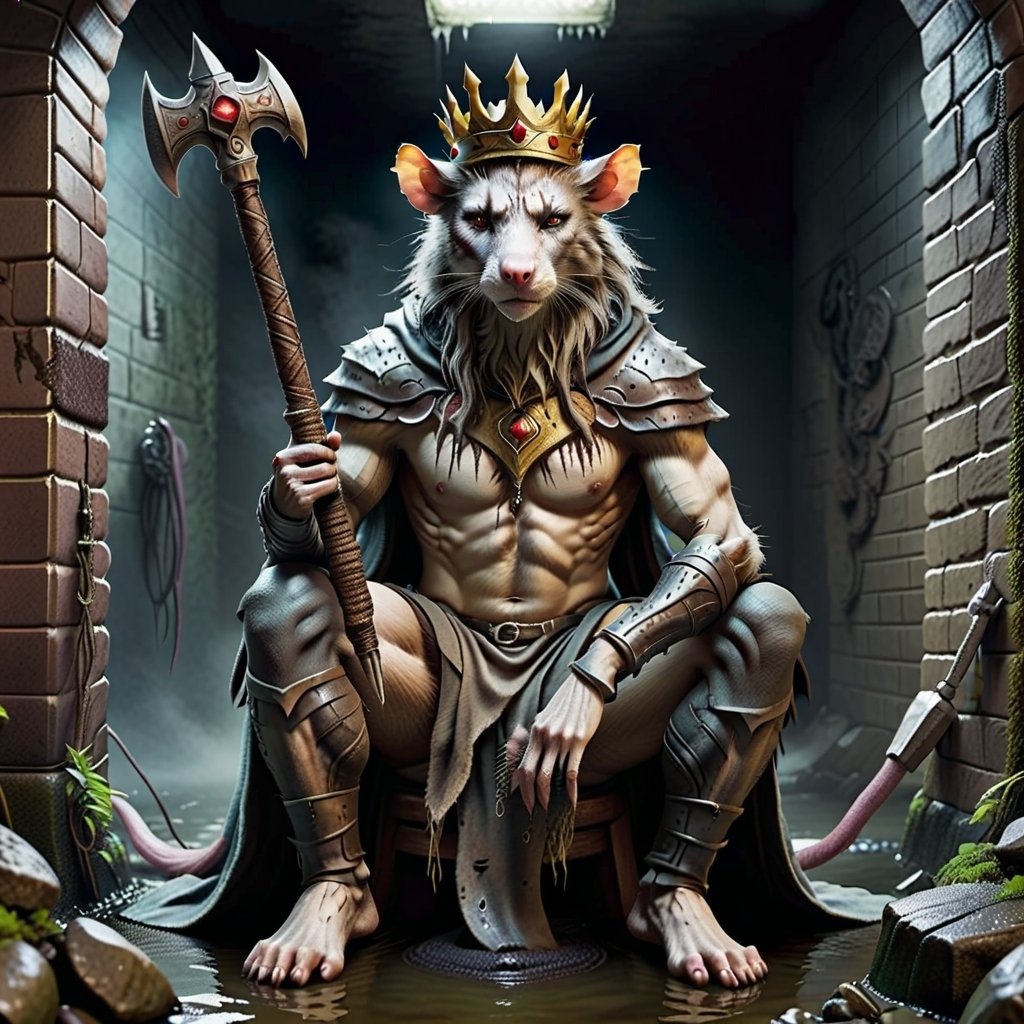 Please create a painted digital image of an anthropomorphic kat kig, in a realistic style.

digital art 8k,  a ripped,  muscluar,  humanoid rat sitting on a toilet in a dark damp sewer,  wearing a crown,  holding a large war hammer over its shoulder 

The rat king should look aggressive and defiant.

,LegendDarkFantasy