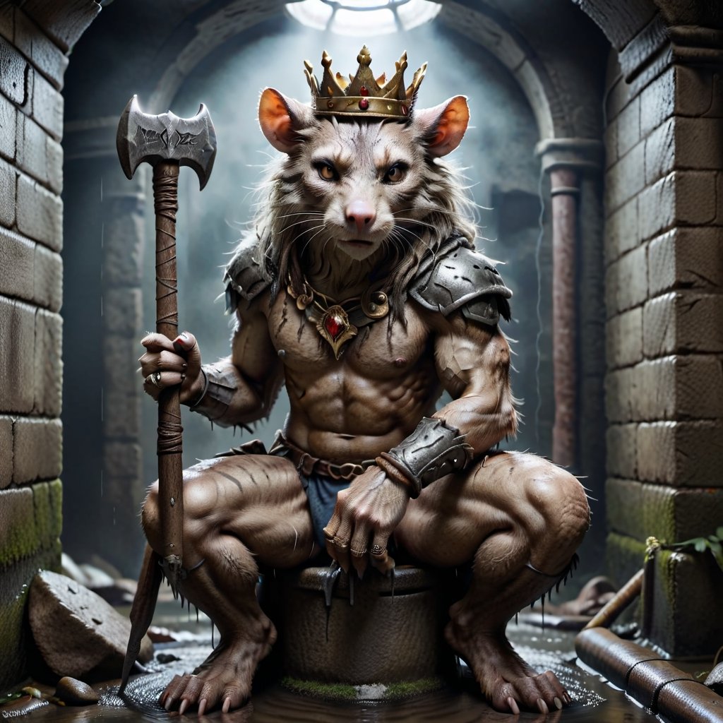 Please create a painted digital image of an anthropomorphic kat kig, in a realistic style.

digital art 8k,  a ripped,  muscluar,  humanoid rat sitting on a toilet in a dark damp sewer,  wearing a crown,  holding a large war hammer over its shoulder 

The rat king should look aggressive and defiant.

,LegendDarkFantasy,Movie Still,text logo