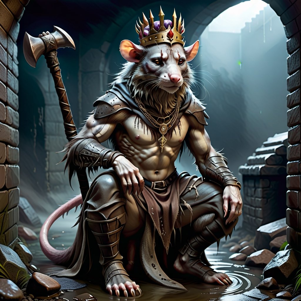 Please create a painted digital image of an anthropomorphic kat kig, in a realistic style.

digital art 8k,  a ripped,  muscluar,  humanoid rat sitting on a toilet in a dark damp sewer,  wearing a crown, the rat king is weilding a large sledge hammer over its shoulder. The rat king should have scars, wounds from battle, war tattoos, gold chains around his neck

The rat king should look aggressive and defiant.