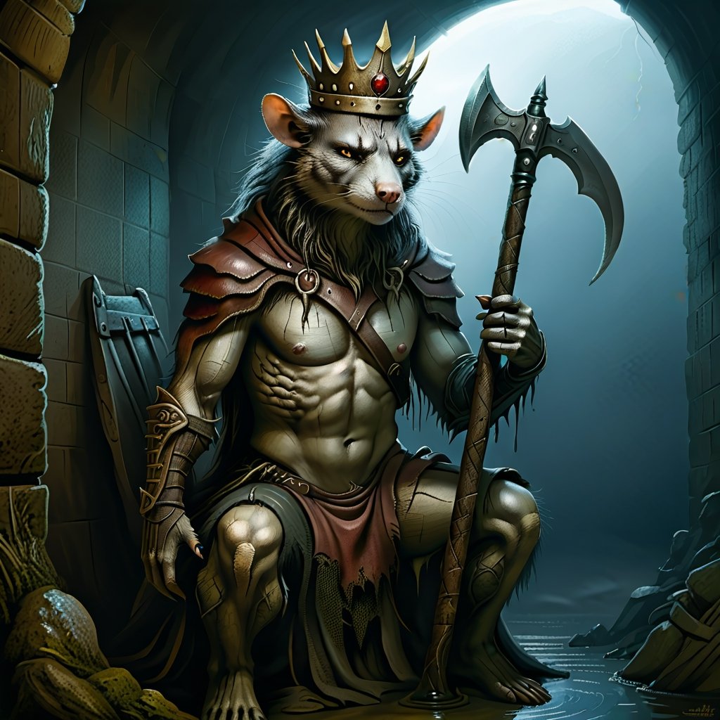 Please create a painted digital image of an anthropomorphic kat kig, in a realistic style.

digital art 8k,  a ripped,  muscluar,  humanoid rat sitting on a toilet in a dark damp sewer,  wearing a crown,  holding a large axe over its shoulder 

The rat king should look aggressive and defiant.

,LegendDarkFantasy,Gric