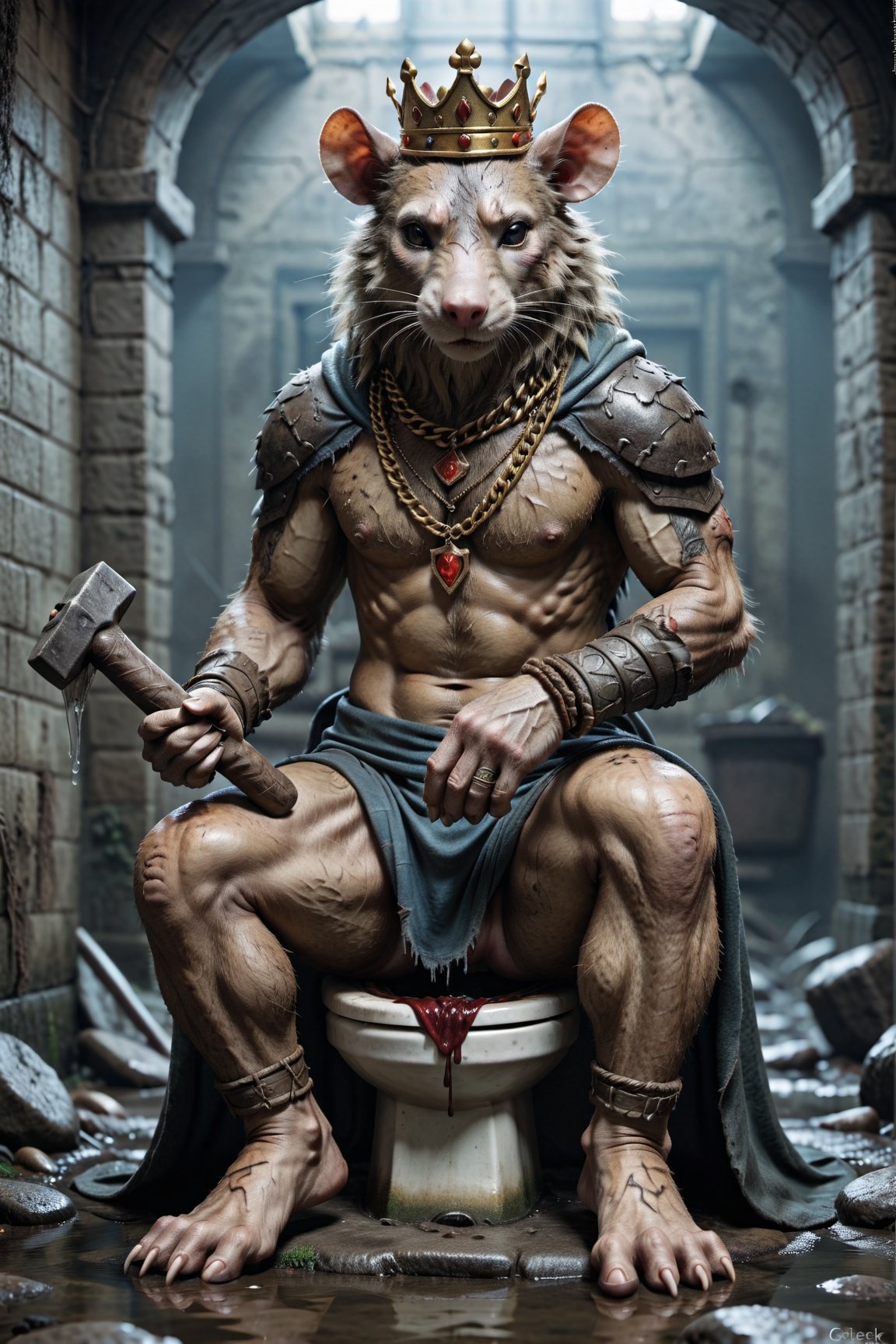 Please create a painted digital image of an anthropomorphic kat kig, in a realistic style.

digital art 8k,  a ripped,  muscluar,  humanoid rat sitting on a toilet in a dark damp sewer,  wearing a crown, the rat king is weilding a large sledge hammer over its shoulder. The rat king should have scars, wounds from battle, war tattoos, gold chains around his neck. The rat king should be wearing cargo shorts.
Behind his head reads "2024"

The rat king should look aggressive and defiant.