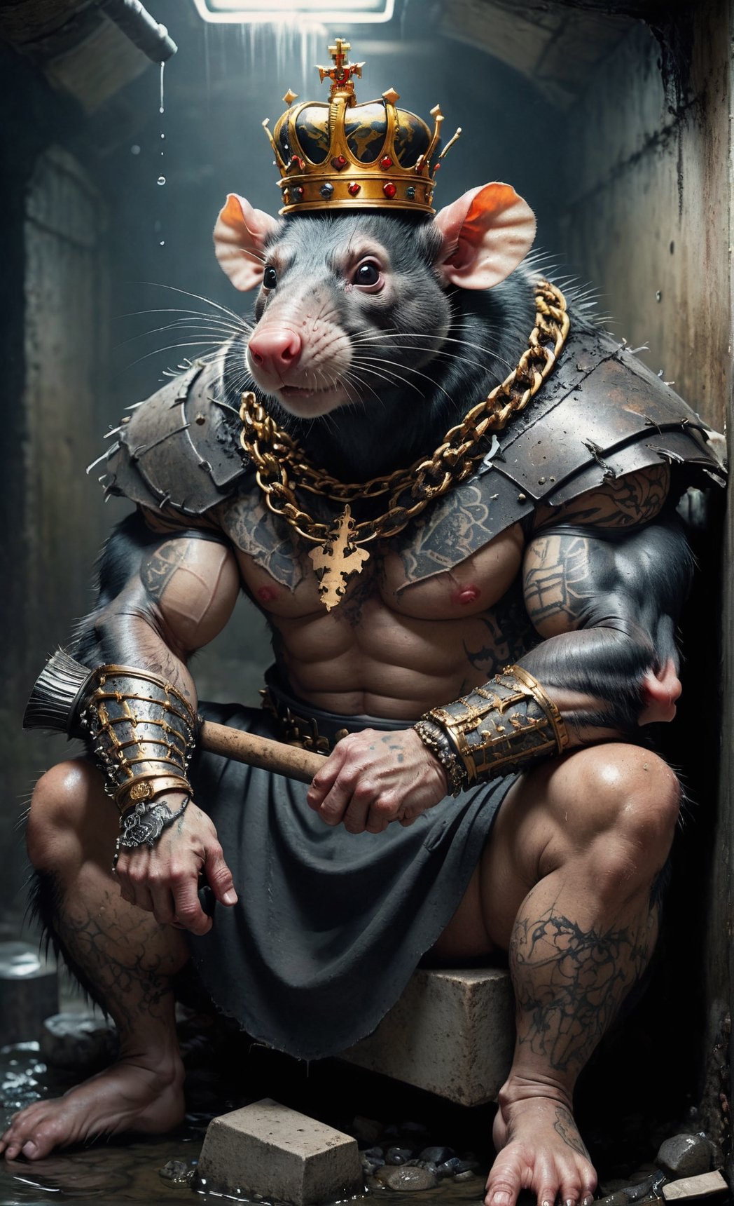 digital art 8k,  a ripped,  muscluar,  humanoid rat sitting on a toilet in a dark damp sewer,  wearing a crown, the rat king is weilding a large sledge hammer over its shoulder. The rat king should have scars, wounds from battle, war tattoos, gold chains around his neck. The rat king should have "kingrat_" tattooed on his arm. "2024" should be tattooed on his other arm.

The rat king should look aggressive and defiant.,band_bodysuit