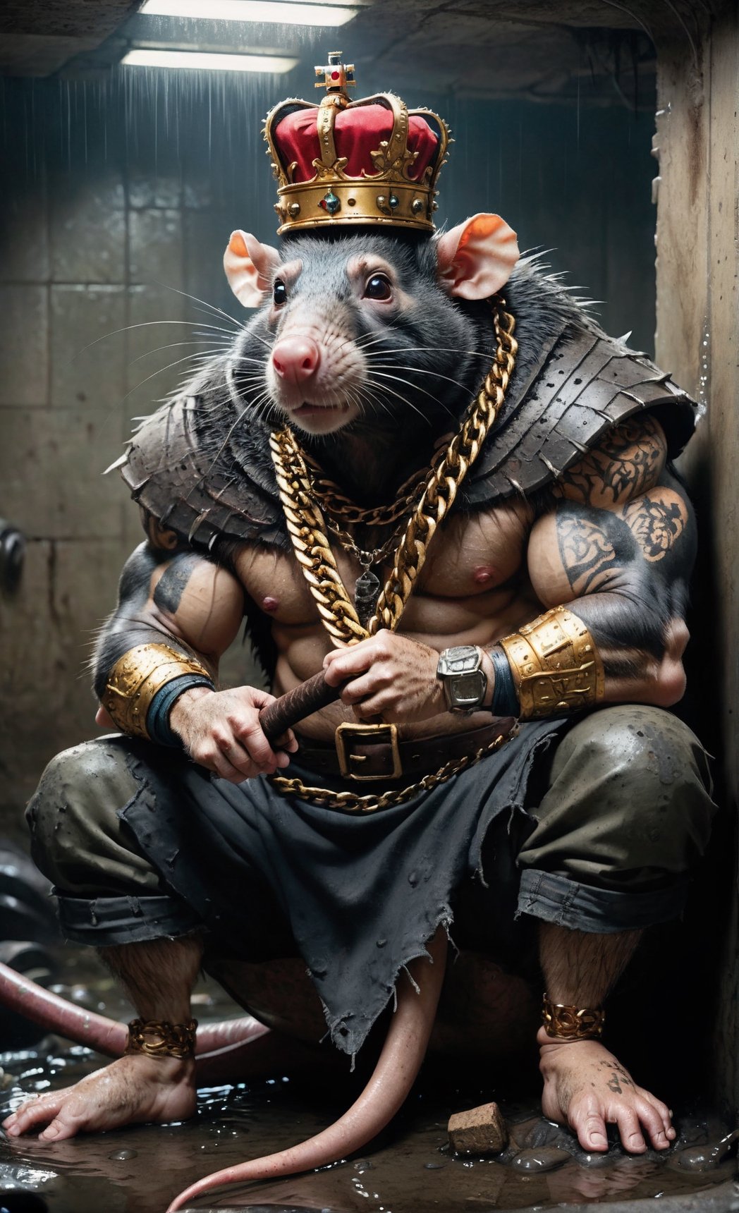 digital art 8k,  a ripped,  muscluar,  humanoid rat sitting on a toilet in a dark damp sewer,  wearing a crown, the rat king is weilding a large sledge hammer over its shoulder. The rat king should have scars, wounds from battle, war tattoos, gold chains around his neck. The rat king should be wearing cargo shorts.
Behind his head reads "2024"

The rat king should look aggressive and defiant.