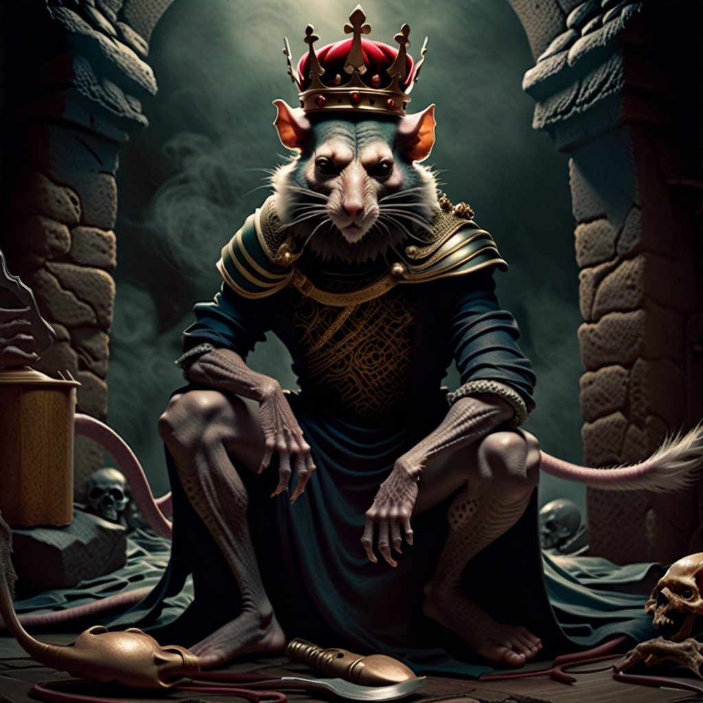 Please create a painted digital image of an anthropomorphic kat kig, in a realistic style.

digital art 8k,  a ripped,  muscluar,  humanoid rat sitting on a toilet in a dark damp sewer,  wearing a crown,  holding a large sledge hammer over its shoulder. The rat king should have scars, wounds from battle, war tattoos

The rat king should look aggressive and defiant.

,LegendDarkFantasy,Movie Still,text logo,HellAI,fire