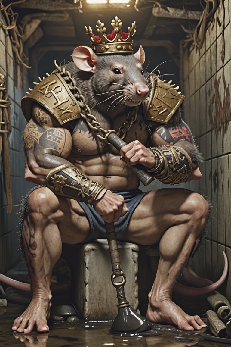 digital art 8k,  a ripped,  muscluar,  humanoid rat sitting on a toilet in a dark damp sewer,  wearing a crown, the rat king is weilding a large sledge hammer over its shoulder. The rat king should have scars, wounds from battle, war tattoos, gold chains around his neck. The rat king should have "kingrat_" text logo tattooed on his arm. "2024" text logo should be tattooed on his other arm.

The rat king should look aggressive and defiant.,band_bodysuit,Movie Still,Text,newhorrorfantasy_style,Ukiyo-e,DonMN1gh7D3m0nXL