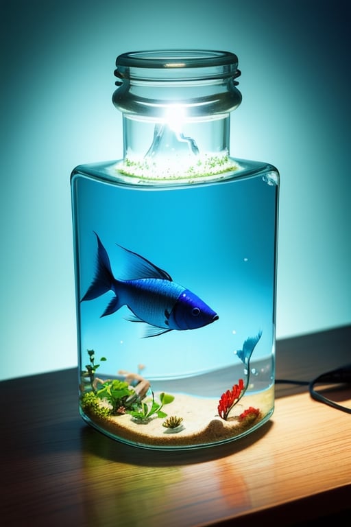 super detailed,Super realistic,double exposure,editorial photograph,depth of field,a very-small aquarium fish swimming in a bottle,on desk,indirect lighting light,