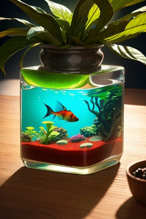 super detailed,Super realistic,double exposure,editorial photograph,depth of field,a very-small aquarium fish swimming in a bottle,indirect lighting light,Pots of houseplants,on table,