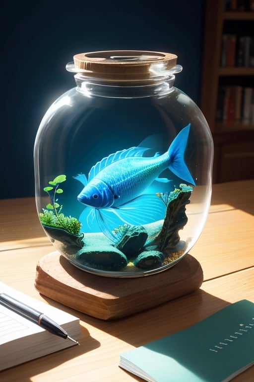 super detailed,Super realistic,double exposure,editorial photograph,depth of field,a very-small aquarium fish swimming in a bottle,indirect lighting light,on table,stylish interior,stationery,