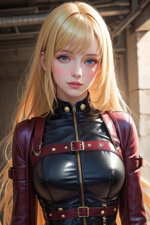 super detailed,Super realistic,immense beauty face,double exposure,editorial photograph,very beautiful intelligent femdom,super skonny,Bizarre colorful leather clothes full of zippers harnesses,at Basement,giggle,fashionable art,bangs,super long blonde hair,