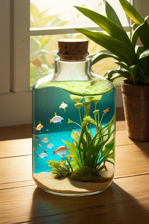 super detailed,Super realistic,double exposure,editorial photograph,depth of field,a very-small aquarium fish swimming in a bottle,indirect lighting light,Pots of houseplants, bottles lined up,