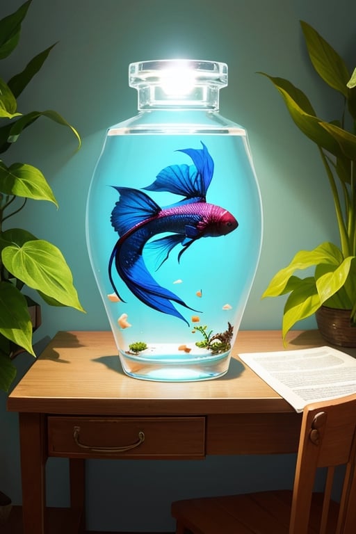 super detailed,Super realistic,double exposure,editorial photograph,depth of field,a ultra-small colorfull-betta swimming in a bottle,on desk,indirect lighting light,Aquatic plants,