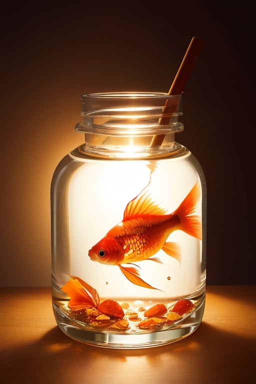 super detailed,Super realistic,double exposure,editorial photograph,depth of field,a small goldfish swimming in a bottle,on desk,indirect lighting light,