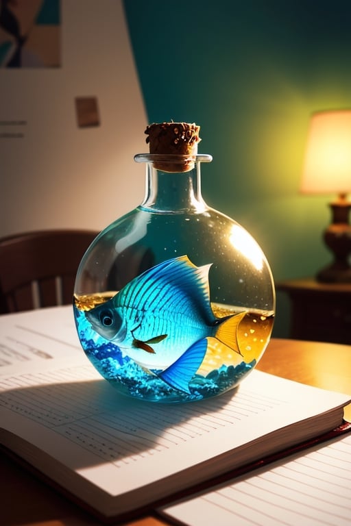 super detailed,Super realistic,double exposure,editorial photograph,depth of field,a very-small fish swimming in a bottle,on desk,indirect lighting light,