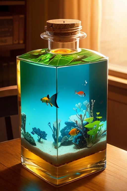 super detailed,Super realistic,double exposure,editorial photograph,depth of field,a very-small aquarium fish swimming in a bottle,on desk,indirect lighting light,