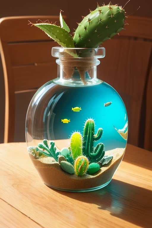 super detailed,Super realistic,double exposure,editorial photograph,depth of field,a very-small aquarium fish swimming in a bottle,indirect lighting light,cactus,on table,stylish interior