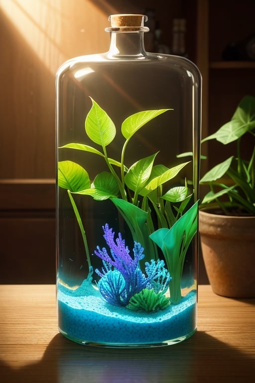 super detailed,Super realistic,double exposure,editorial photograph,depth of field,a very-small aquarium fish swimming in a bottle,indirect lighting light,Pots of houseplants, bottles lined up,